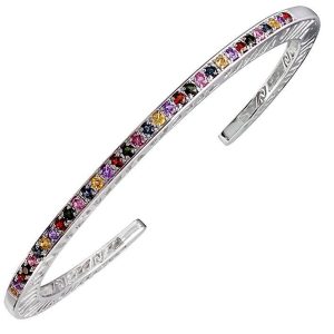 Lady's White Ss Shooting Stars Narrow Stacking Cuff Bracelet Length 5.5, 33 STONES: Garnet,Citrine, Green Tourmaline, Blue Topaz, Amethyst, 

Solid, narrow (3mm) cuff bracelet; pierced with signature interlocking spirals. The cuff is designed to fit tightly on the wrist (because with this design, you shouldn’t manually squeeze tighten the cuff). Size Small

The opening at the bottom of the cuff is just over 3/4’ but the spring hinge makes it easy to put on and easy to take off.
