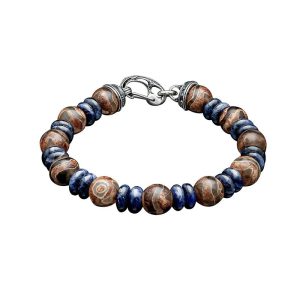 PRODUCT DETAILS
Clean lines, understated elegance, and a frontier attitude are the pillars for the Enlightenment from William Henry. This piece features Tibetan agate, in rich cream and brown tones, offset by the denim blue of sodalite spacers. A beautiful combination, dressed up or dressed down, solo or stacked. Built in our Oregon studio on aircraft grade stainless cable with welded sterling silver end caps and clasp.
Product SKU: BB38 TAB
Tibetan agate -10mm

Sodalite -9mm