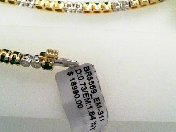 Lady's Two-Tone Yellow/White Gold 14 Karat Tennis Bracelet Bracelet  prong set 35 = 1.84tw Round Green Emeralds
 bezel set 24 = 0.73tw Round G/H SI1 Diamonds
with securty lock - Image 2
