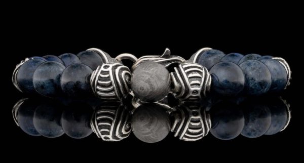 Sterling Silver Celestial Bead With Sterling Silver Accents
 Bracelet Length 8.5 in 
STONES: Meteorite, blue dumortierite
10MM

 featuring 10mm beads in ceramic coated Gibeon meteorite, sculptural patinated sterling silver, and polished blue dumortierite - Image 2