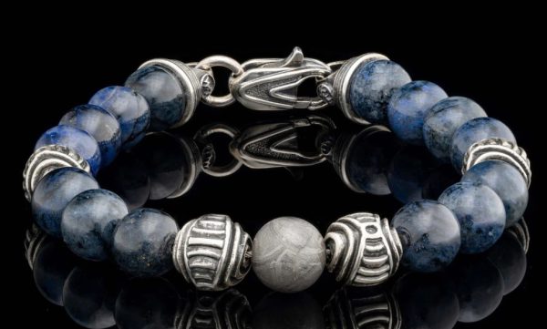 Sterling Silver Celestial Bead With Sterling Silver Accents
 Bracelet Length 8.5 in 
STONES: Meteorite, blue dumortierite
10MM

 featuring 10mm beads in ceramic coated Gibeon meteorite, sculptural patinated sterling silver, and polished blue dumortierite - Image 3