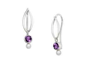 Lady's White Sterling Silver Drop Earrings With 2 = 4.00Mm Round Purple Amethysts