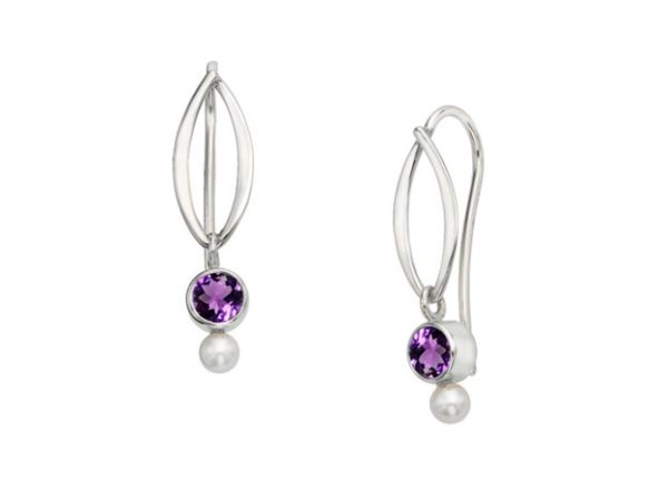 Lady's White Sterling Silver Drop Earrings With 2 = 4.00Mm Round Purple Amethysts