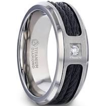 SECTOR Black Rope Cables Inlaid Brushed Finish Titanium Men's Wedding Ring With Diamond Centered And Beveled Polished Edges - 8mm Size 10