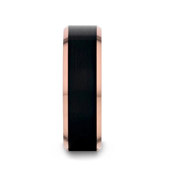 HAYDEN Rose Gold Plated Tungsten Polished Flat Beveled Ring with Brushed Black Center - 6mm
sz8 - Image 2
