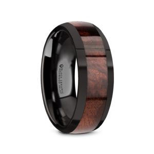 Alternative Metals CLARET Black Ceramic Polished Edges Men’s Domed Wedding Band 
Size 10 WOOD/INLAY: Red Wood 
WIDTH: 8
PROFILE: Domed
