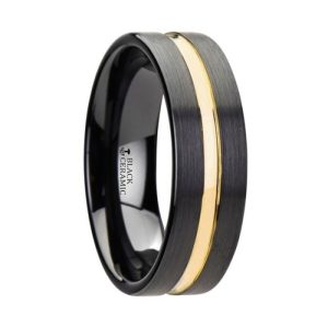 Alternative Metals Thorsten VIVALDI Black Ceramic  Size 9 WOOD/INLAY: Yellow Gold Groove
PROFILE: Flat 4mm sz9