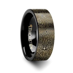 Damascus Steel Pattern Engraving Black Tungsten Engraved Ring 
Size 10.  10mm wide