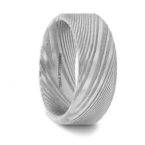 GHOST Grey Damascus Steel Brushed Beveled Men’s Wedding Band with Repeating Artisan Pattern -  8mm size 7.5