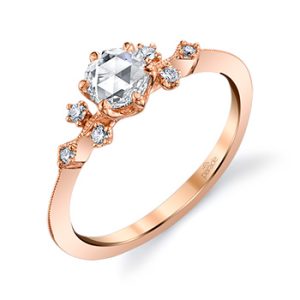 Lady's White 18 Karat Contemporary Lumiere Engagement Ring Size 6 With 6=0.08Tw Round F/G Vs2 Diamonds And One 0.26Ct Rose Cut F/G Vs2 Diamond