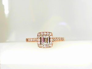 Lady's Rose 14 Karat Halo Diamond Engagement Ring Size 9 With One 0.67Ct Emerald Diamond And 13=1.00X1.00-0.00X0.00Mm Round Diamonds