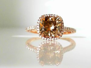 Lady's Rose Polished 14 Karat Cushion Halo Engagement Ring Size 6 With One 2.12Ct Cushion Si2 Cognac Diamond And 50=0.24Tw Round G/H Si2 Diamonds Gram Wt: 2.71