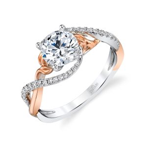Lady's Lyria Vine Twist By-pass Two Tone 18 Karat Satin Engagement Ring Size 6.5 34=0.14tw Round F/G VS2 Diamonds Gram Wt: 3.14
2-Tone Lyria Leaves Ring featuring an Oval Diamond Center

Diamond Info: 34-RD 0.25

Fits center stone size OV: 10×7 center-diamondGUIDE

Center stone not included.