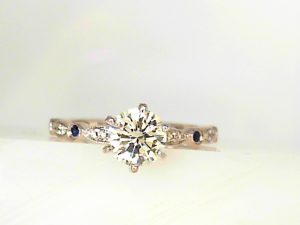 Lady's White 18 Karat Polished/Milgrain Vintage Inspiered Natural Diamond/Nat Blue Sapphire  Engagement Ring with 6 prong Center Size 6