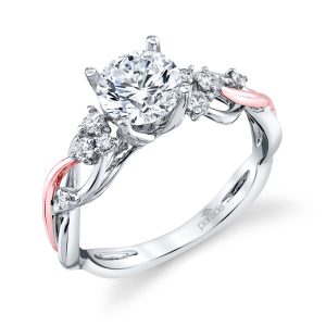 Lady's White/Rose 14 Karat Lyria Leaves Engagement Ring Size 6.5 8=0.02tw Round F/G VS2 Diamonds Gram Wt: 3.26
A beautiful tapestry of polished arches and brilliant round diamonds leading to a Lyria signature crown.
Stone info: HOLDS RD: 6.0-7.0