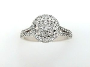 Lady's White 10 Karat Cluster Engagement Ring Size 6.5 With = Round Diamonds