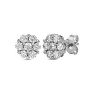 Lady's White 10 Karat Stud Earrings 14=1.0ctw Round Diamonds set in flower cluster