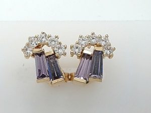 Lady's Yellow 14 Karat Stud Earrings With 4 = Baguette Amethysts And 10 = Round Diamonds
