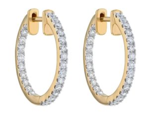 Lady's Yellow 14 Karat Medium Hoop Earrings = 1.00tw Round H/I SI1 Diamonds
14K yellow gold inside-out hoop earrings set with 1.00 ct. round diamonds in round design.
