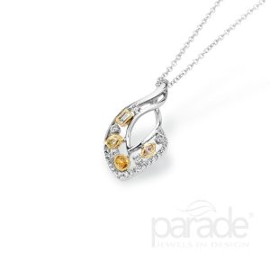 Parade Reverie Collection Lady's Two Tone 18 Karat Free Form Pendant With 4=0.33Tw Various Shapes Si1 Pink/yellow/orange/ Diamonds And 26=0.23Tw Round F/G Vs2 Diamonds
Gram Wt: 2.78
Fancy colored diamonds in bezels of warm 18K yellow gold are suspendedbetween sleek polished gold and brilliant white diamonds in this pendant from the award winning Reverie Collection.