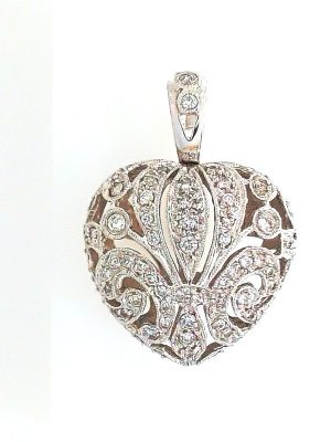 Lady's White 18 Karat Heart Diamond Pendant With = Round Diamonds