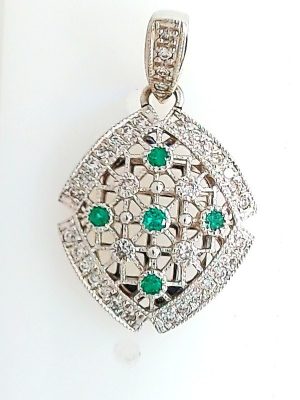 Lady's White Platinum Plat Dia & Em Pendant With 5 = Round Emeralds And 36 = 0.10Tw Round F/G Si1 Diamonds