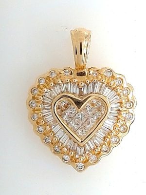 Lady's Yellow 14 Karat Diamond Heart Pendant With = 2.00Tw Various Shapes G Si1 Diamonds