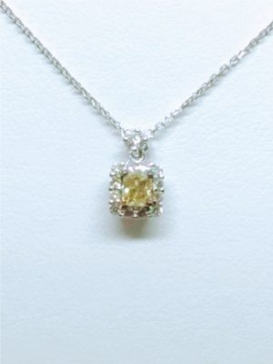 Lady's White 18 Karat Square Halo Necklace With One Cushion Si2 Intense Yellow Diamond And 13=0.14Tw Round G/H Vs2 Diamonds
Style: Cable Link
Metal: 18 Karat
Color: White
Finish: Diamond Cut
Length: 18
Clasp: Spring ring