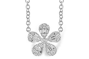 Lady's White 14 Karat Necklace Length 18 inches 0.09tw Baguette Diamonds and .17 tw round diamonds
total ctw .26