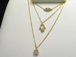 Yellow 14 Karat Diamond Evil Eye And Hamsa Charm Necklace Length 1618 51=0.22tw Round G/H SI1 Diamonds