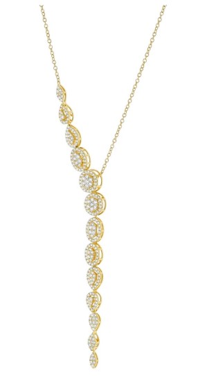 Lady's Yellow 14 Karat Collar Necklace Length 4 = 1.35tw Round H/I SI1 Diamonds Gram Weight: 8.4
Style: Cable Link
Metal: 14 Karat
Color: Yellow
Finish: Polished
Length: 18
Clasp: Integrated

14K yellow gold Y design necklace set with 1.35 carat round brilliant diamonds.