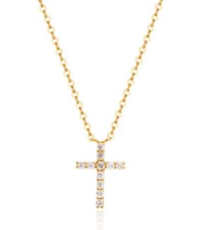 Lady's Yellow 14 Karat Diamond Cut Cross Necklace Necklace With 
11 = 0.10Tw Round G Si1 
Diamonds Style: Cable Link
Metal: 14 Karat
Color: Yellow
Finish: Polished
Length: 16
Clasp: Adjustable Lobster