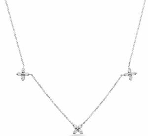 Gemma Couture Lady's White 14 Karat Mariposa 3 Station Necklace Length 17 12 = 0.36tw Round F/G SI1 Diamonds Style: Cable Link
Metal: 14 Karat
Color: White
Finish: Polished
Clasp: Integrated