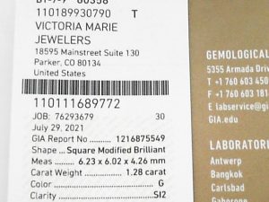 Loose Stones one 1.28ct Princess G SI2 Diamond
6.23x6.02x6.26mm
GIA1216875549
INSCRIPTION: GIA 1216875549
