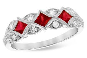 Lady's White 14 Karat Geometric Art Deco Millgraine Wedding Band 0.15tw Round G SI1 Diamonds
3=0.55tw Fantasy Cut Red Rubys
