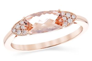 Lady's Rose 14 Karat Contemporary East to West, Fashion Ring Size 6.5 one 1.16ct Retangular Cushion Red Orange, Morganite
0.08tw Round G SI1 Diamonds Gram Wt.: 1.24