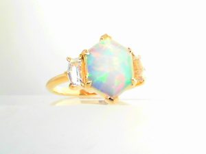 Lady's Yellow 14 Karat Contemporary Fashion Ring Size 7 one 1.04ct Oval Opal
2=0.47tw Various Shapes Rainbow Moonstones