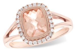 Lady's Rose 14 Karat Contemporary Fashion Ring Size 7 one 1.18ct Cushion Morganite
0.16tw Round Diamonds