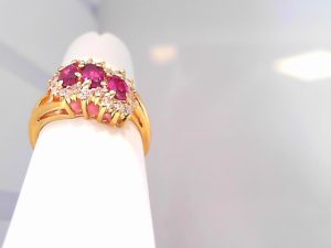 Lady's Yellow 14 Karat 3 Stone Fashion Ring With 3= Oval Sapphires And Round Diamonds