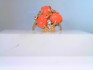 Lady's Yellow 14 Karat Contemporary Fashion Ring Size 8 With Pale Orange Coral & Round Diamonds