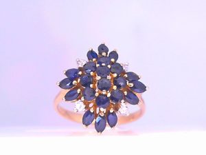 Lady's Yellow 14 Karat Antique Fashion Ring Size 7.5 With Various Shapes Sapphires And 4= Round Diamonds
