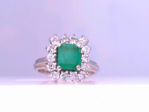 Lady's White 14 Karat Antique Fashion Ring Size 3.25 With One Cushion Emerald And Round Diamonds
