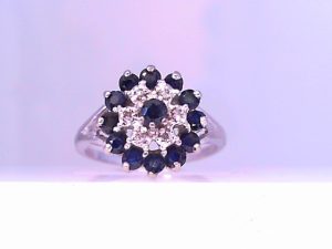 Lady's White 14 Karat Antique Fashion Ring Size 6.5 With Round Sapphires And Round Diamonds