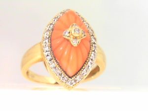 Lady's Yellow 14 Karat Coral Fashion Ring Size 6.5 With Various Shapes Diamonds