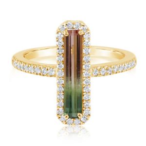 Lady's Yellow 14 Karat Wtrmln Tour & Dia Fashion Ring Size 7 48 = 0.336tw Round H SI2 Diamonds
one = 1.08ct Emerald Watermelon Tourmaline
Freeform Parti Color Tourmaline from Brazil (Weight Varies) - H2OC250 - Enhancement: None (Natural)
Total Gem Weight: 1.08 tcw
Diamonds:
Stone Count: 48
Total weight: 0.336 ct
Grade: H-I SI2