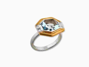 Lady's Two Tone 24K & .925 Varies Contemporary Fashion Ring Size 7 one = 4.06ct Fantasy Cut Blue Blue Topaz
4 = 0.09tw Round Diamonds