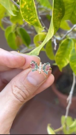 Lady's Yellow 14 Karat Butterly Fashion Ring 3 = 0.03tw Round F/G VS2 Diamonds Bezel Set 
= Free Form  Carved Butterfly Wing Watermelon Tourmalines Claw Tip Prongs