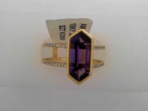 Lady's Yellow 18 Karat Bezel Stone Double Banded With Diamond Accents Fashion Ring Size 7 With One = 0.84Ct Hexaganoal  Shapes Purple Strong Amethyst And 36 = 0.11Tw Round F/G I1 Diamonds