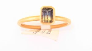 Lady's Yellow 18 Karat Matte' Bezel Set Bi Color Sapphire With Emerald Cut Solitaire Fashion Ring Size 7 one = 0.62ct Emerald Bluish Green Strong Sapphire