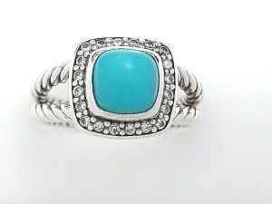 Lady's White .925 D. Yurman Fashion Ring Size 6 With = Princess Turquoises And = Round Diamonds